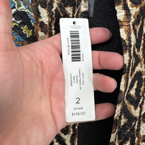 Chicos Travelers Crushed Artsy Jacket Womens 2 L 12 Brown Blue Green NEW - Picture 5 of 15